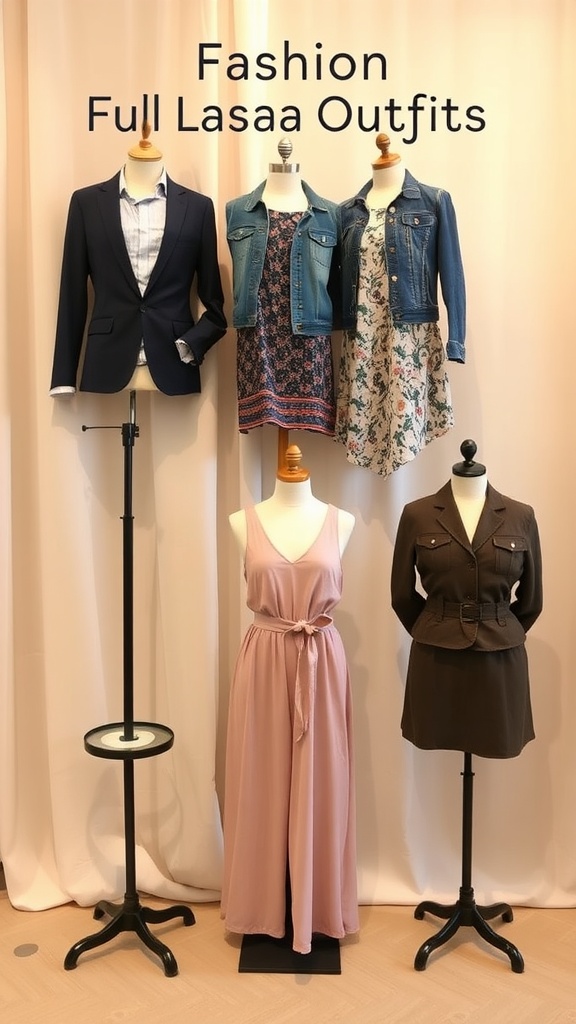 Stylish Casual Dinner Outfits for Every Occasion Casual dinner outfit ideas displayed on mannequins, including denim and blazer, maxi dress, jumpsuit, and shorts.